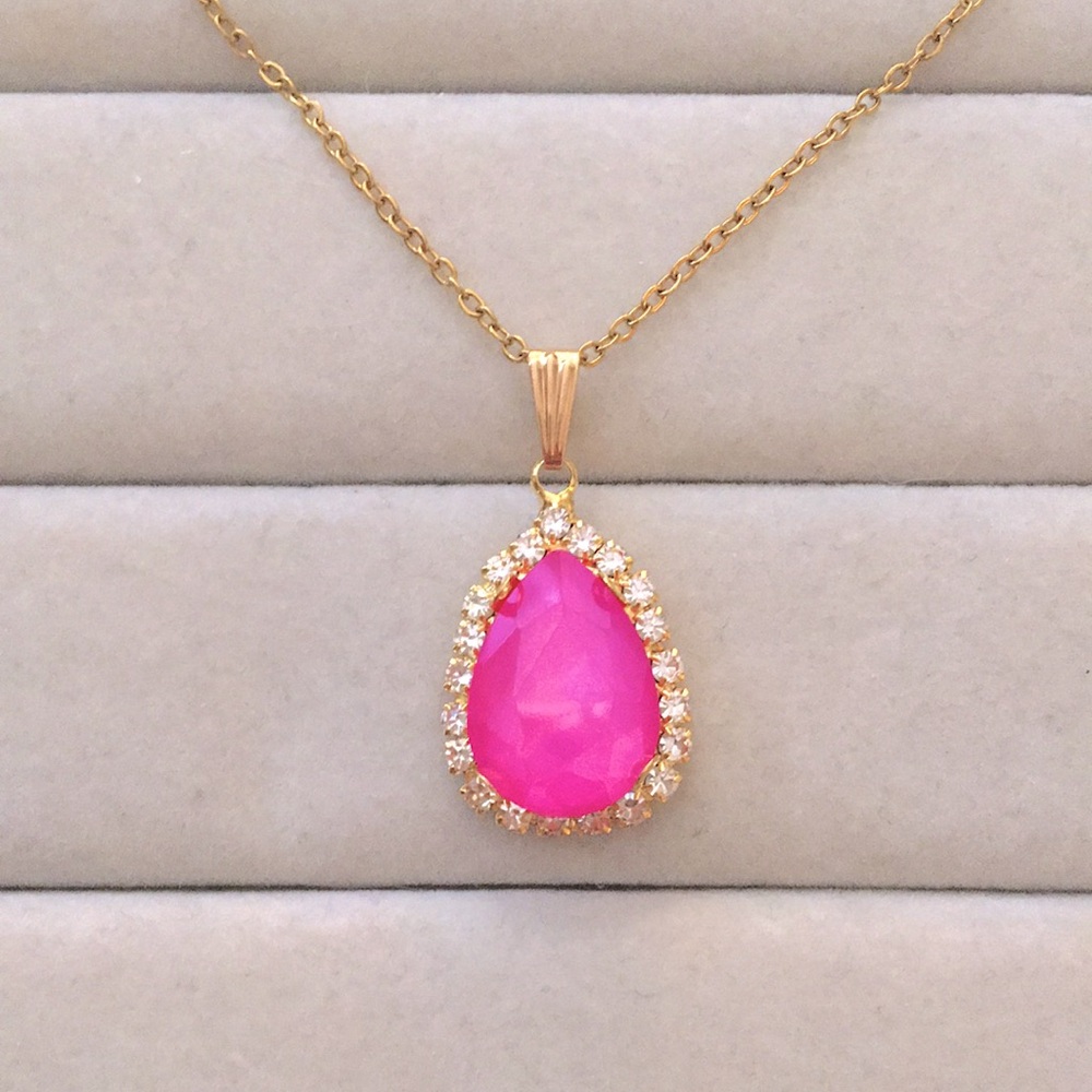 Hot Pink + Gold Crystal Halo Pear Drop Pendant Necklace - Picture 10 of 12